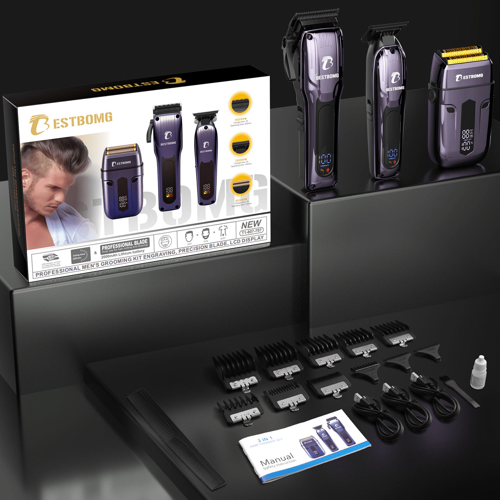 Blue Professional Hair Clippers & Beard Grooming Kit-BS-808C