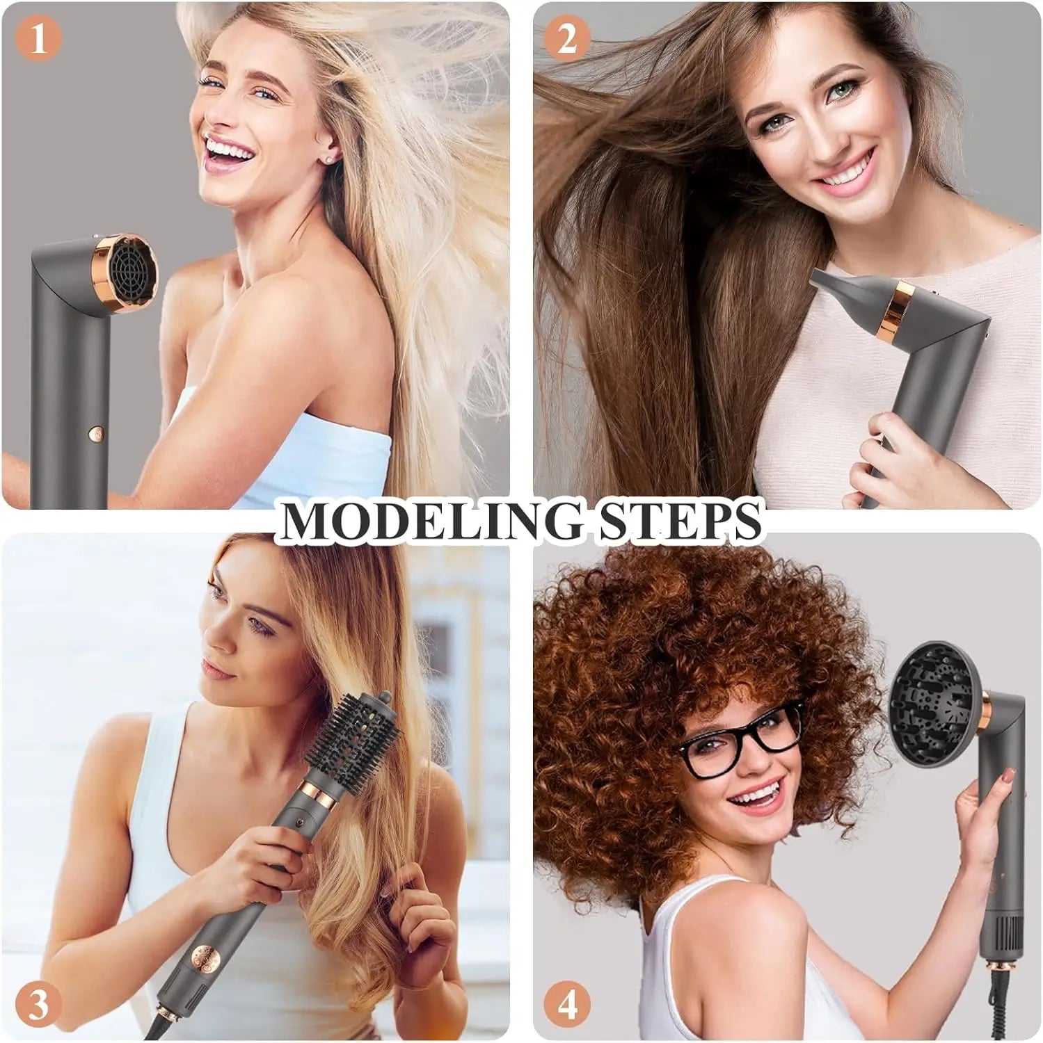 BESTBOMG Multistyler Warmluftbürste AirStyler, Glättbürste, Hot Air Styler Styling und Trockensystem, Lockenstab mit Verschiedenen Aufsätzen